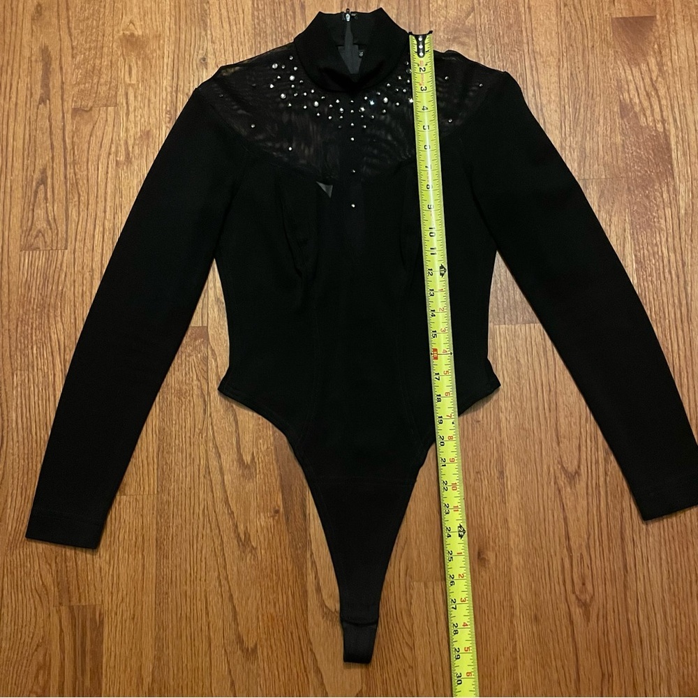 Tadashi Black Long Sleeve Rhinestone Embellished Mesh Thong Bodysuit size M - Picture 13 of 14